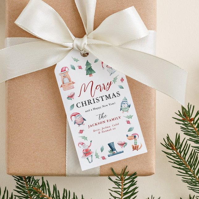 Söt akvarell vinter God Jul  Presentetikett (Skapare uppladdad)