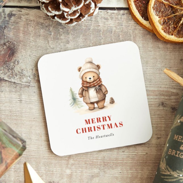 Söt akvarellbjörn God Jul semester Underlägg Papper Kvadrat (Skapare uppladdad)