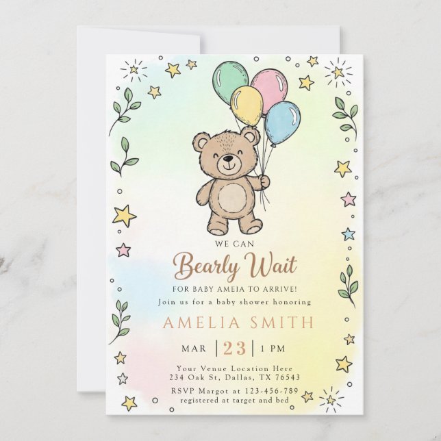 Söt akvarellbjörn Illustration babyshower Inbjudningar (Framsida)