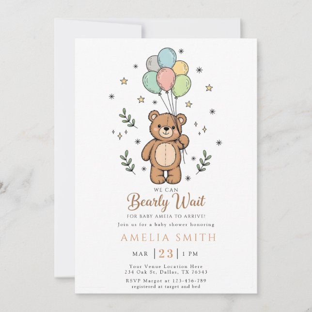 Söt akvarellbjörn Illustration babyshower Inbjudningar (Framsida)