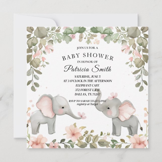 Söt akvarellblomma Elefant Baby Shower Inbjudningar (Framsida)