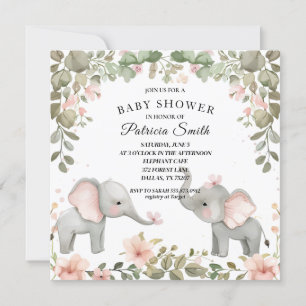 Söt akvarellblomma Elefant Baby Shower Inbjudningar