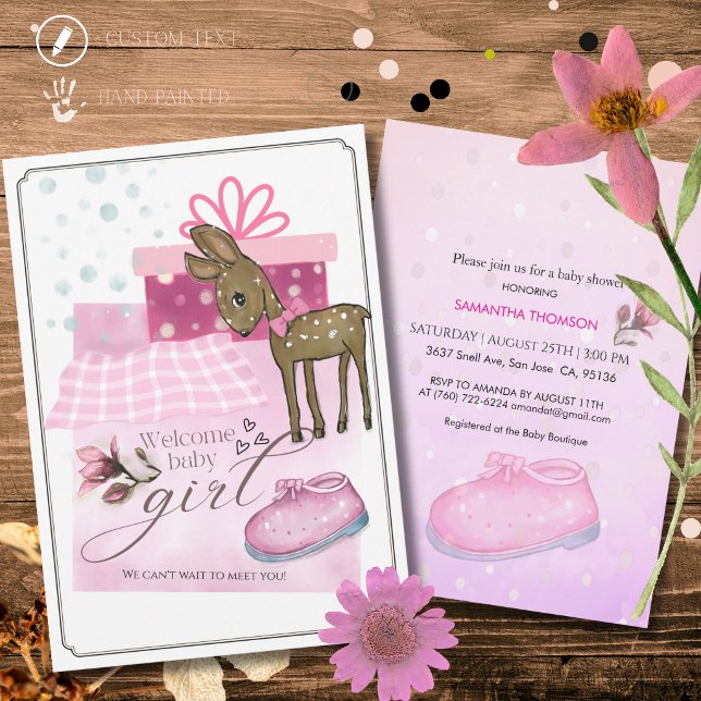 Söt akvarellfawn och rosa babysko-inbjudan inbjudningar (Cute Watercolor Fawn and Pink Shoe Baby Invitation)