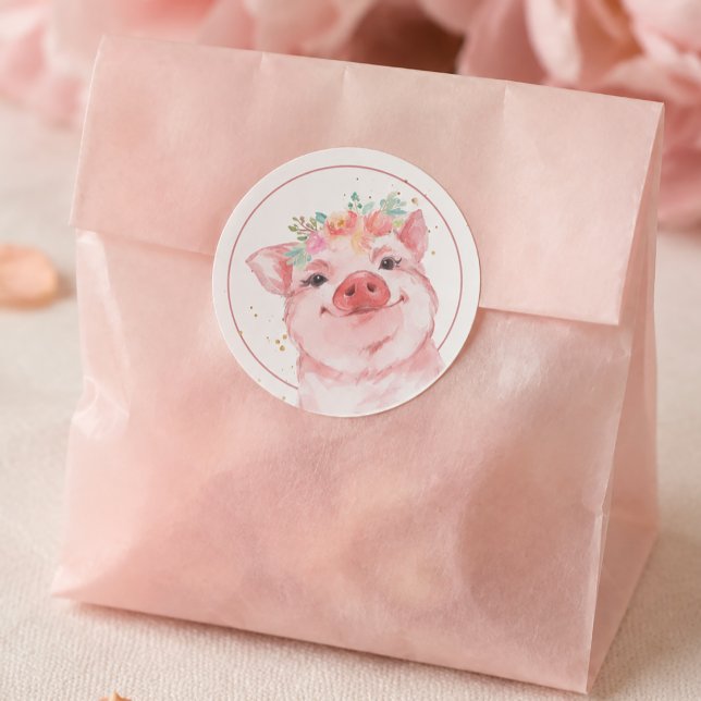 Söt akvarellgris runt klistermärke (Cute Watercolor Pig Classic Round Sticker)