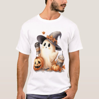 Söt akvarellhäxa spöke med kaffe & pumpor t shirt
