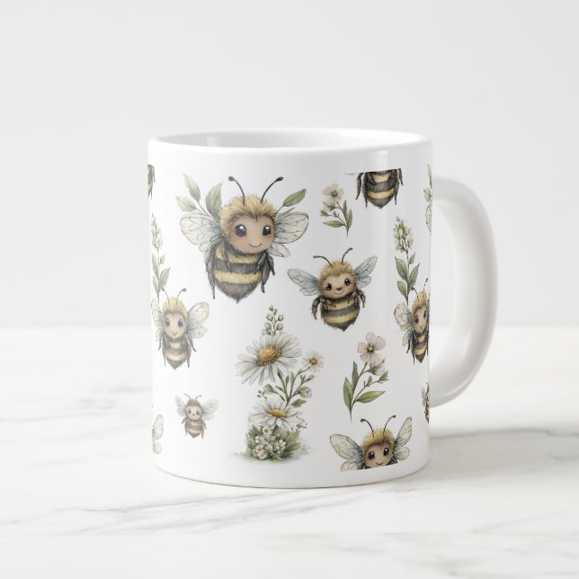 Söt akvarellhumledesign | Mjuk pastellfärgad bin Jumbo Mugg (Framsida höger)