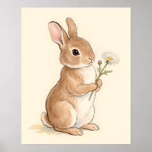 Söt akvarellkanin som håller prästkrageblomma poster