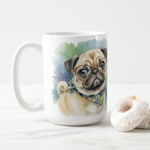 Söt akvarellmops med glasögon kaffemugg