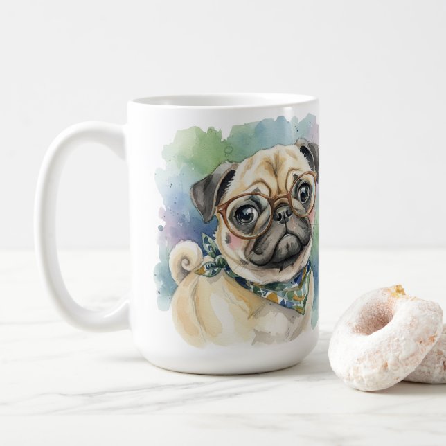Söt akvarellmops med glasögon kaffemugg (Med munk)