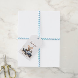 Söt akvarellmus i blå bil - baby shower presentetikett