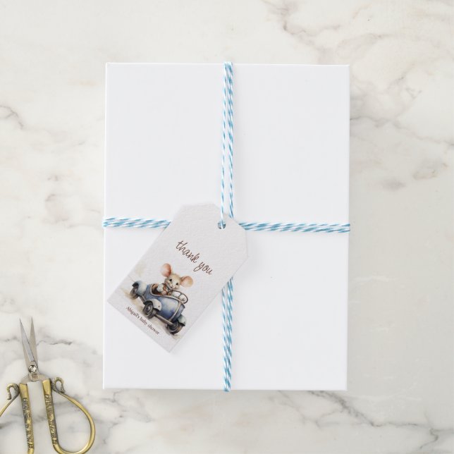 Söt akvarellmus i blå bil - baby shower presentetikett (Med Snöre)
