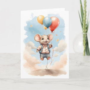 Söt akvarellmus som flyter med ballonger Blank Kort