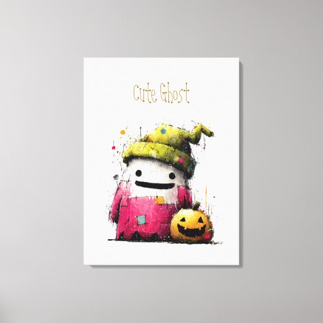 Söt akvarellpatchwork-spöke Halloween Canvastryck (Framsida)