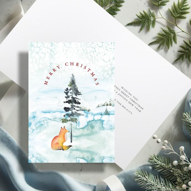 Söt akvarellräv-illustration Julkort Helgkort (Merry Christmas wishes watercolor fox holiday card with unique art by Victoria Grigaliunas)