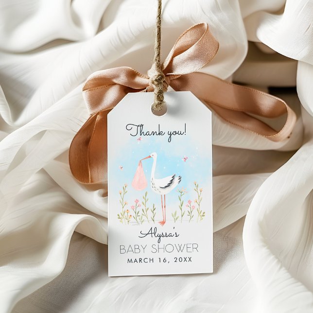 Söt akvarellstork Bebyshower Presentetikett (Skapare uppladdad)