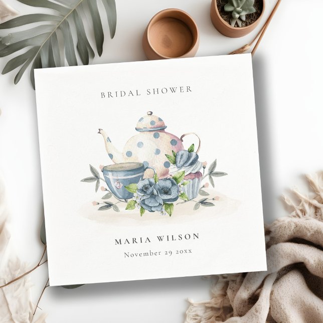 Söt akvatisk blå blomsterte-koppar bröllopsdusch pappersservett (Skapare uppladdad)