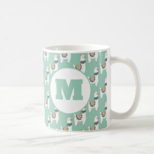 Söt Alfaka Lama Mintgrön Monogram Kaffemugg