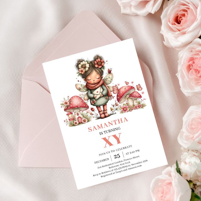 Söt älg 7-års födelsedag rosa svamp inbjudan (Cute Fairy 7th Birthday Pink Mushroom Invitation)
