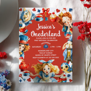Söt Alice i ONEDERLAND 1-års födelsedagste-fest Inbjudningar