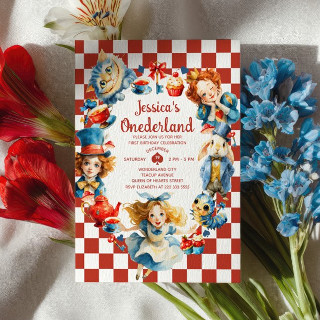 Söt Alice i ONEDERLAND 1-års födelsedagste Inbjudningar (Skapare uppladdad)