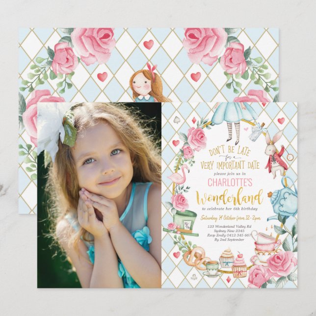 Söt Alice i Wonderland 1:a födelsedagen Tea Party Inbjudningar (Fram/baksida)