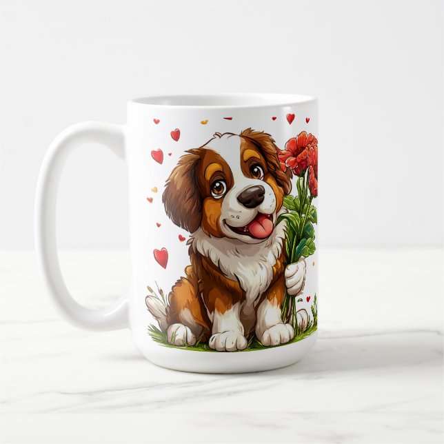Söt Alla Hjärtans Dag Hund Med Blommor Kaffemugg P (Vänster)