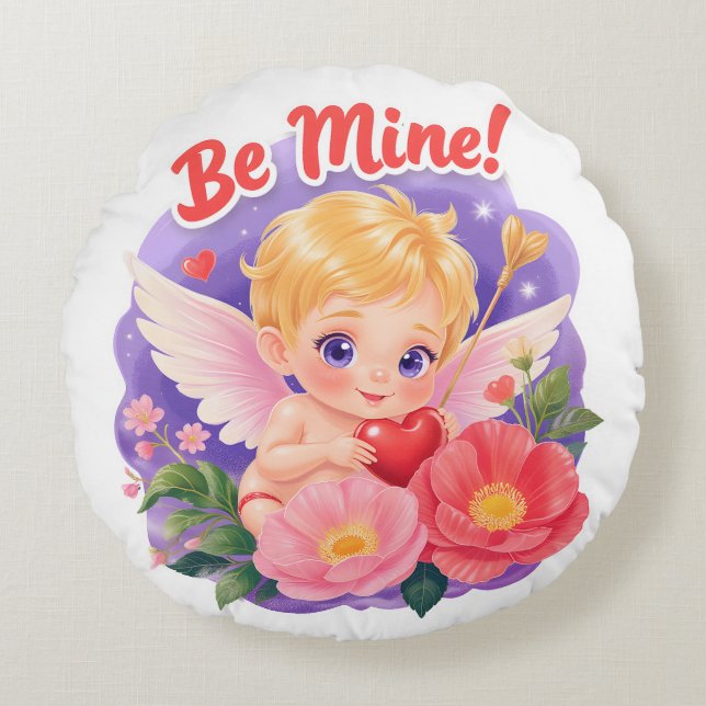 Söt Alla hjärtans dags Cupid med "Var min" Rund Kudde (Framsidan)