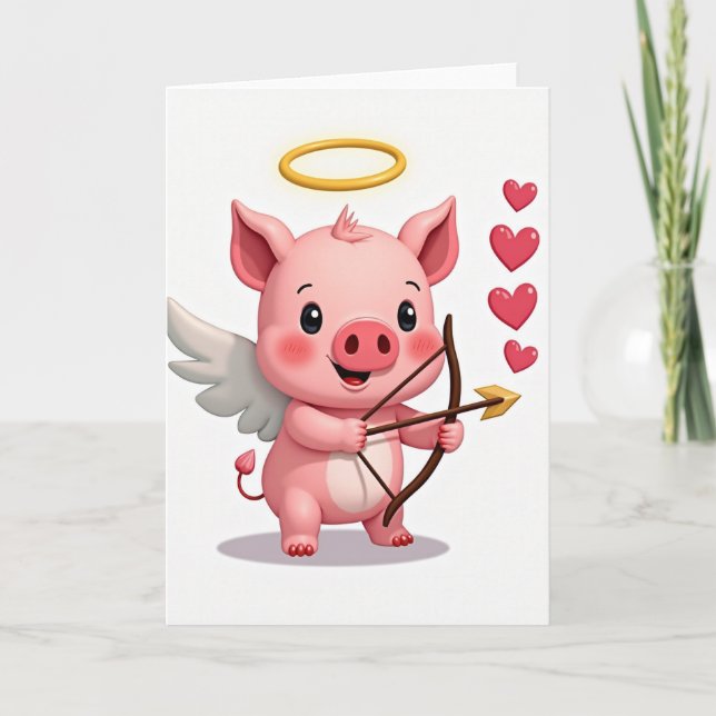 Söt Alla Hjärtans Dags Gris Cupid-kort Kort (Framsida)