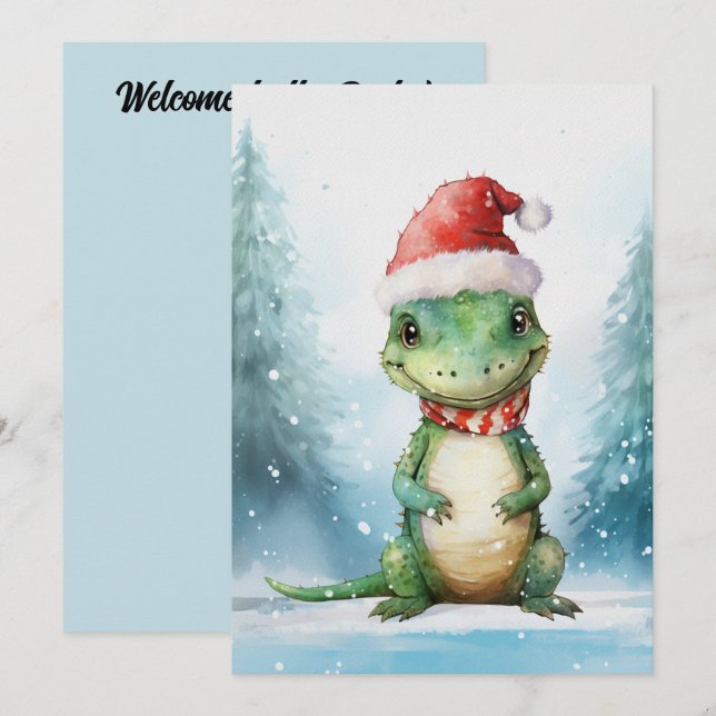Söt Alligator Vinter Jul Vattenfärg Inbjudningar (Fram/baksida)