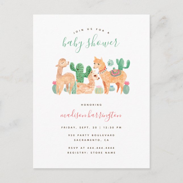 Söt Alpaca Llama Cactus Boho Baby Shower Inbjudan Vykort (Framsida)
