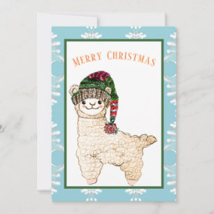 Söt alpaca med festlig mössa julkort