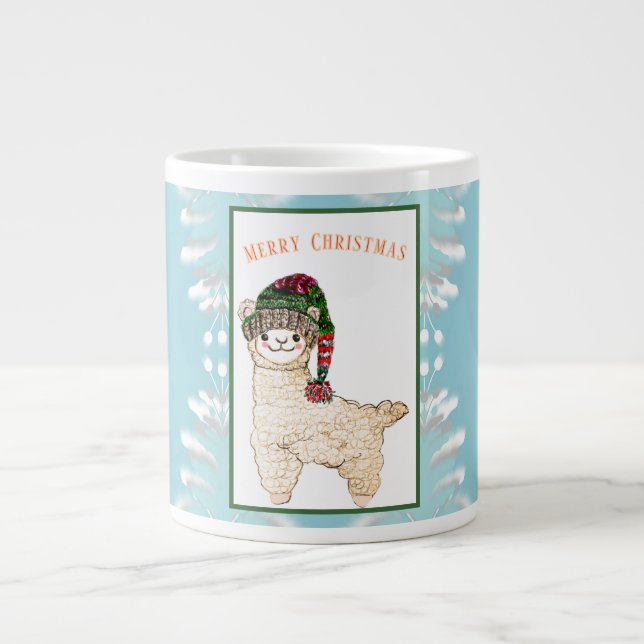 Söt alpaca med festlig mössa jumbo mugg (Framsidan)