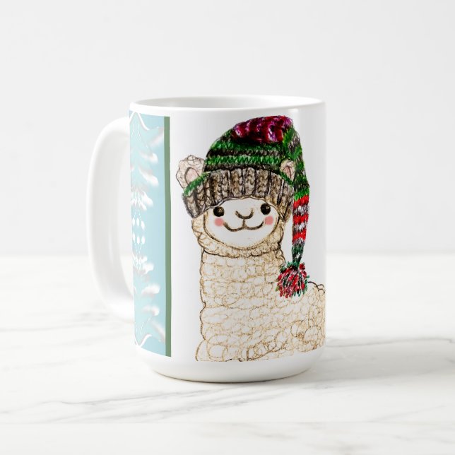 Söt alpaca med festlig mössa kaffemugg (Framsida vänster)