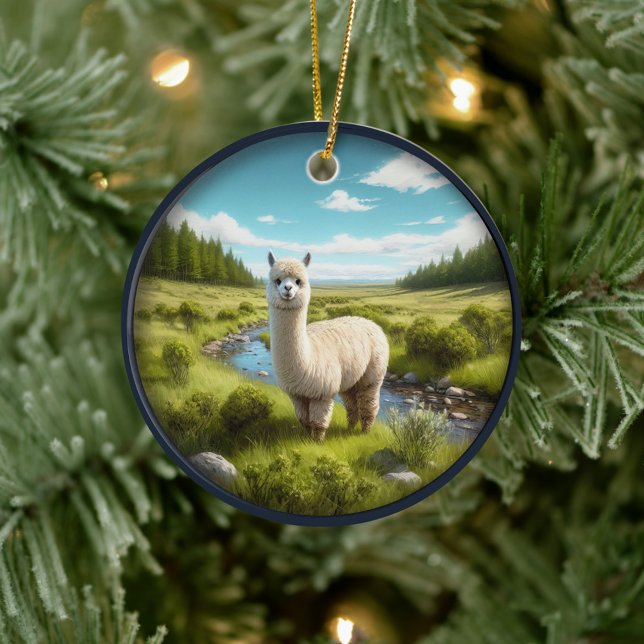 Söt alpaca på en äng  julgransprydnad keramik (Skapare uppladdad)