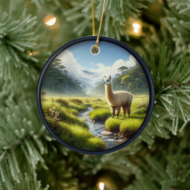 Söt alpaca på en äng  julgransprydnad keramik (Skapare uppladdad)