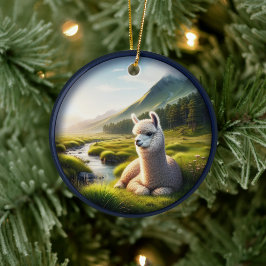 Söt alpaca på en äng julgransprydnad keramik