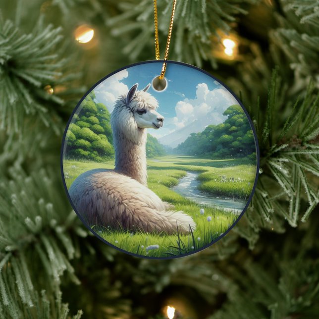 Söt alpaca på en äng  julgransprydnad keramik (Skapare uppladdad)
