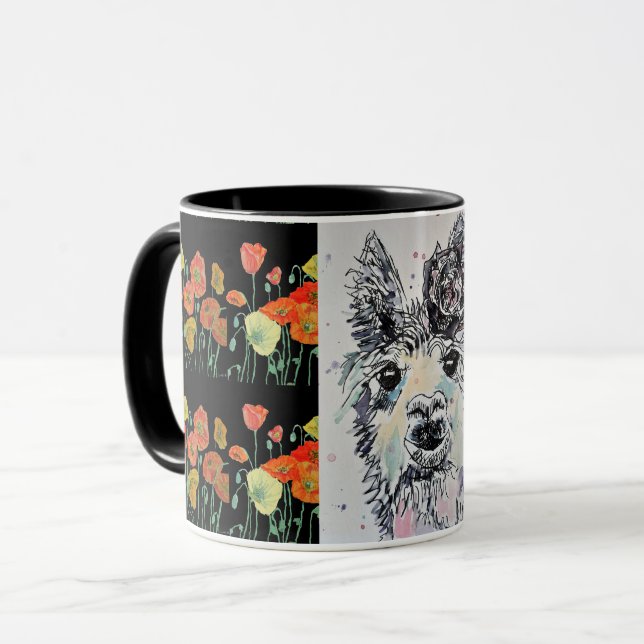 Söt Alpacka Lama Svart Akvarell Mugg (Framsida vänster)