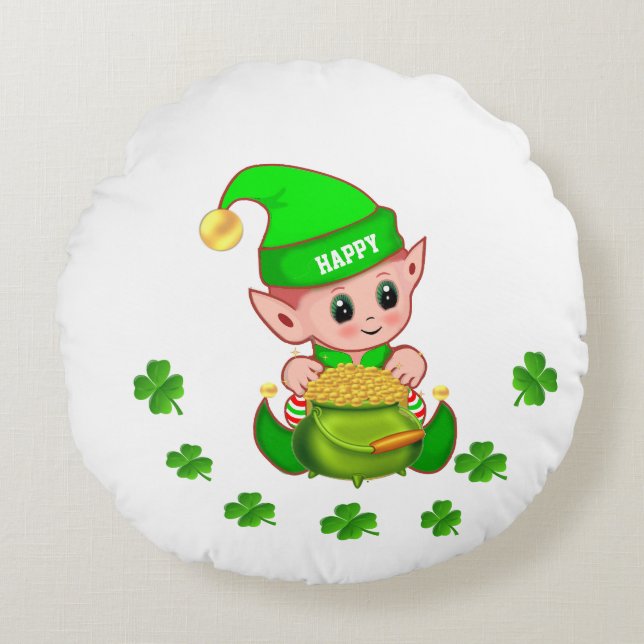 Söt alv, guldgryte och lyckoshamrock på vit rund kudde (Framsidan)
