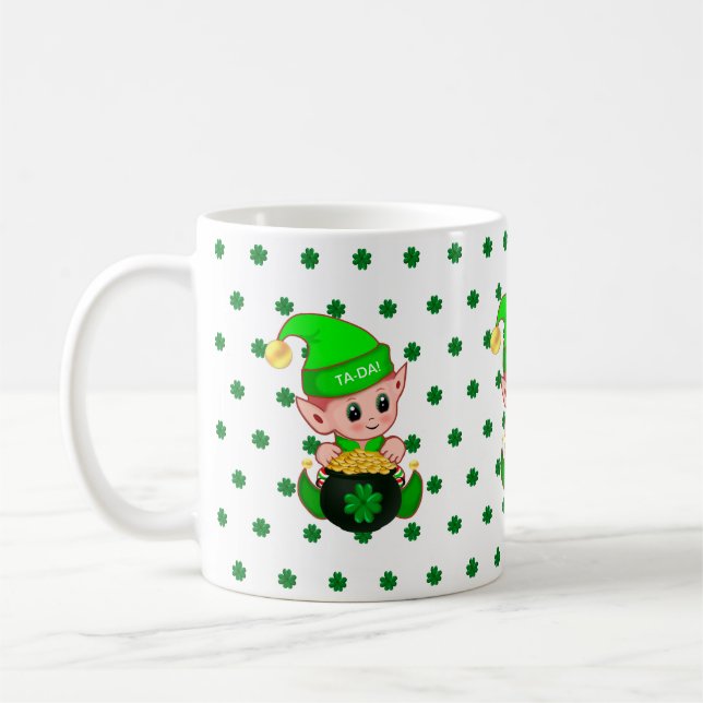 Söt alv, guldmynt & lyckoklöver kaffemugg (Vänster)