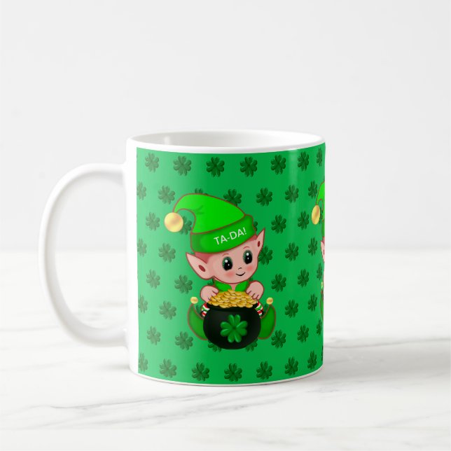 Söt alv, guldmynt & lyckotristlar på grönt kaffemugg (Vänster)