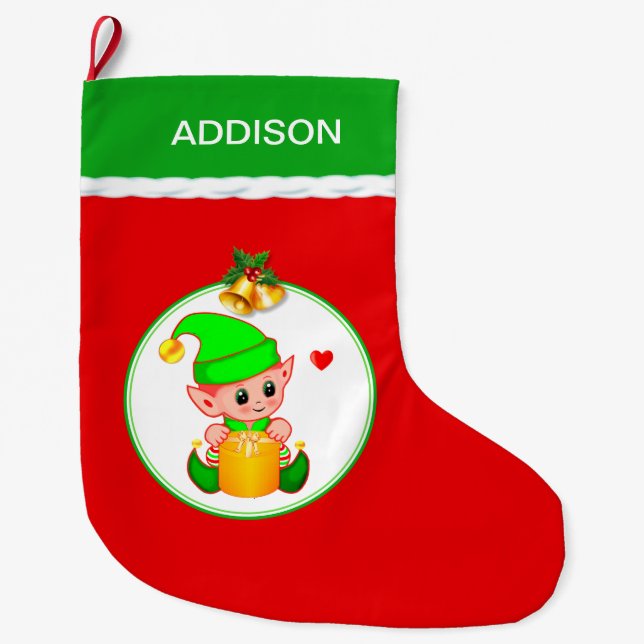 Söt Alv & Julklockor på Röd Stor Julstrumpa (Framsidan)