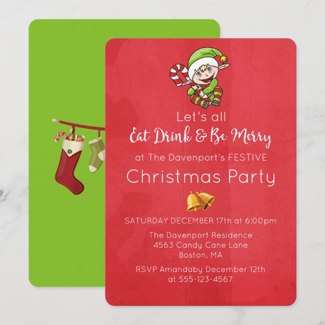 Söt alv med julstav julinbjudan inbjudningar (Fram/baksida)