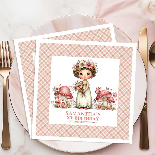 Söt Älv Rosa Blommig Fest Födelsedag Anpassat Namn Pappersservett (Cute Fairy Pink Floral Party Birthday Custom Name Napkins)