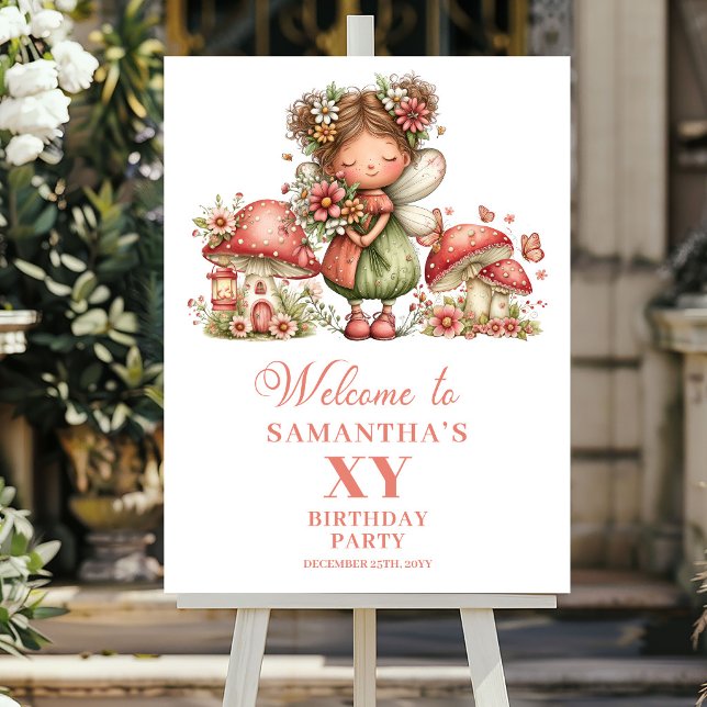 Söt Älv Rosa Blommig Flickas Födelsedags Välkomsts Poster (Cute Fairy Pink Floral Girl Birthday Welcome Sign)