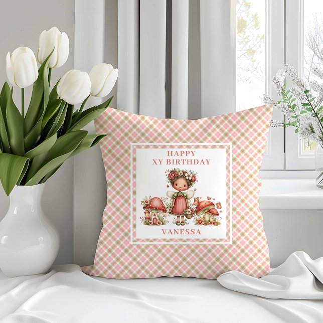 Söt Älv Rosa Blommig Flickas Födelsedagsduk Kudde (Pretty Fairy Pink Floral Girl Birthday Throw Pillow)