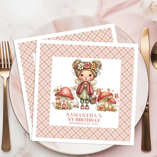 Söt Älv Rosa Svamp Blommig Födelsedagsfest Pappersservett (Cute Fairy Pink Mushroom Floral Birthday Party Napkins)