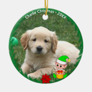 Söt Alv & Skräddarsydd Golden Retriever Valp Foto Julgransprydnad Keramik