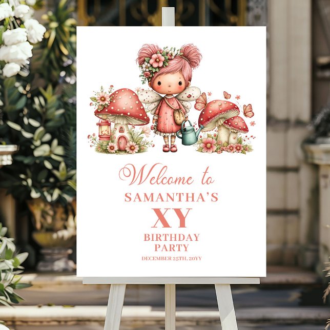 Söt Älva 1-års Födelsedag Rosa Blommig Välkomstsky Poster (Cute Fairy 1st Birthday Pink Floral Welcome Sign)