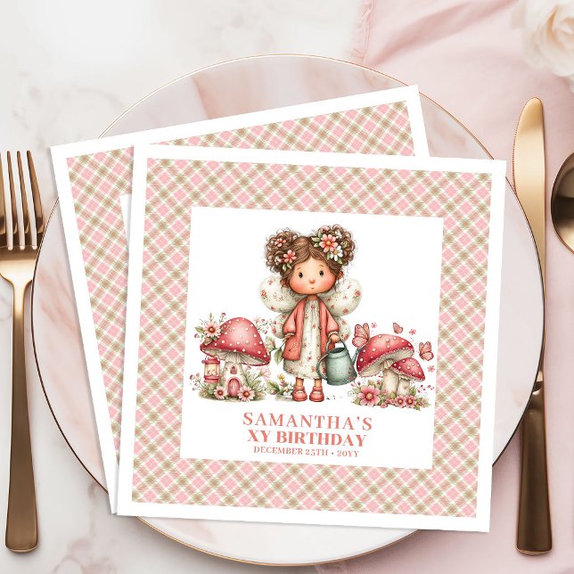 Söt Älva 1-års Födelsedag Whimsical Rosa Papper Pappersservett (Cute Fairy 1st Birthday Whimsical Pink Paper Napkins)